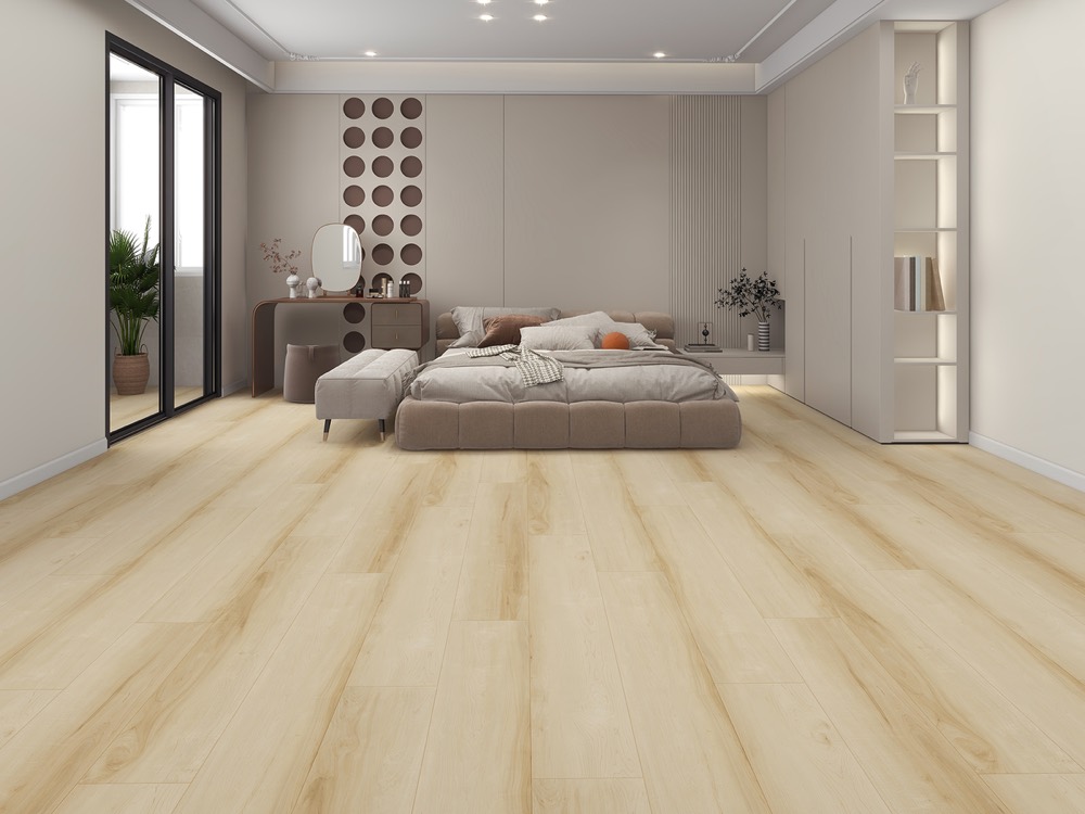 Wide luxury vinyl plank flooring in a bright living room